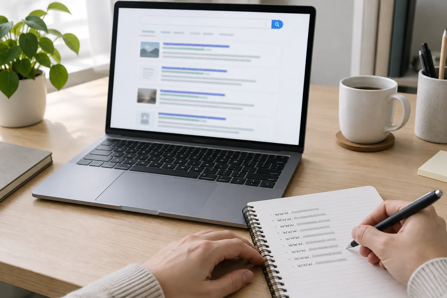 Une personne relève des adresses de pages web dans un carnet à côté d’un ordinateur.