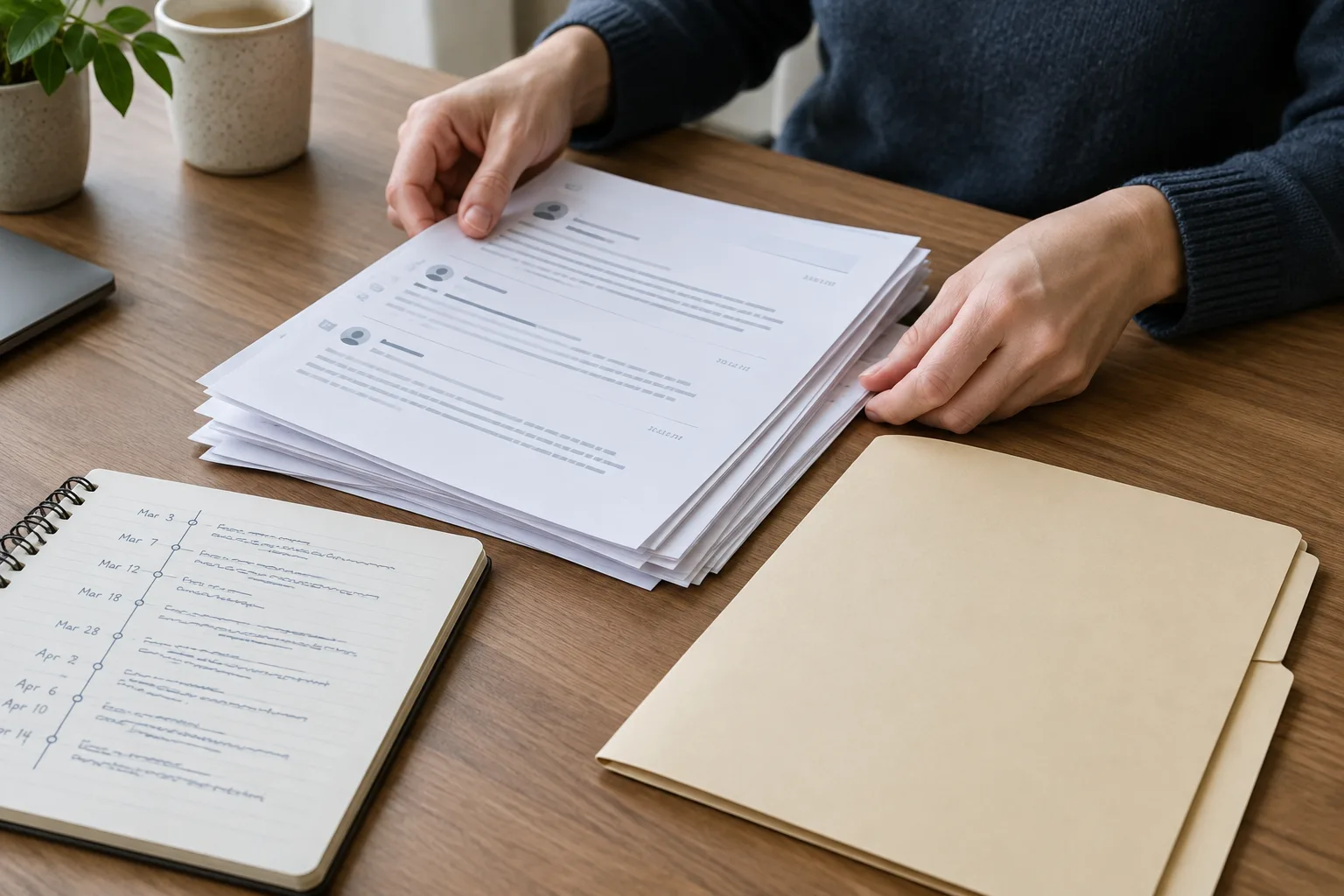 Des mains organisent des échanges imprimés et des notes dans un dossier de réclamation.