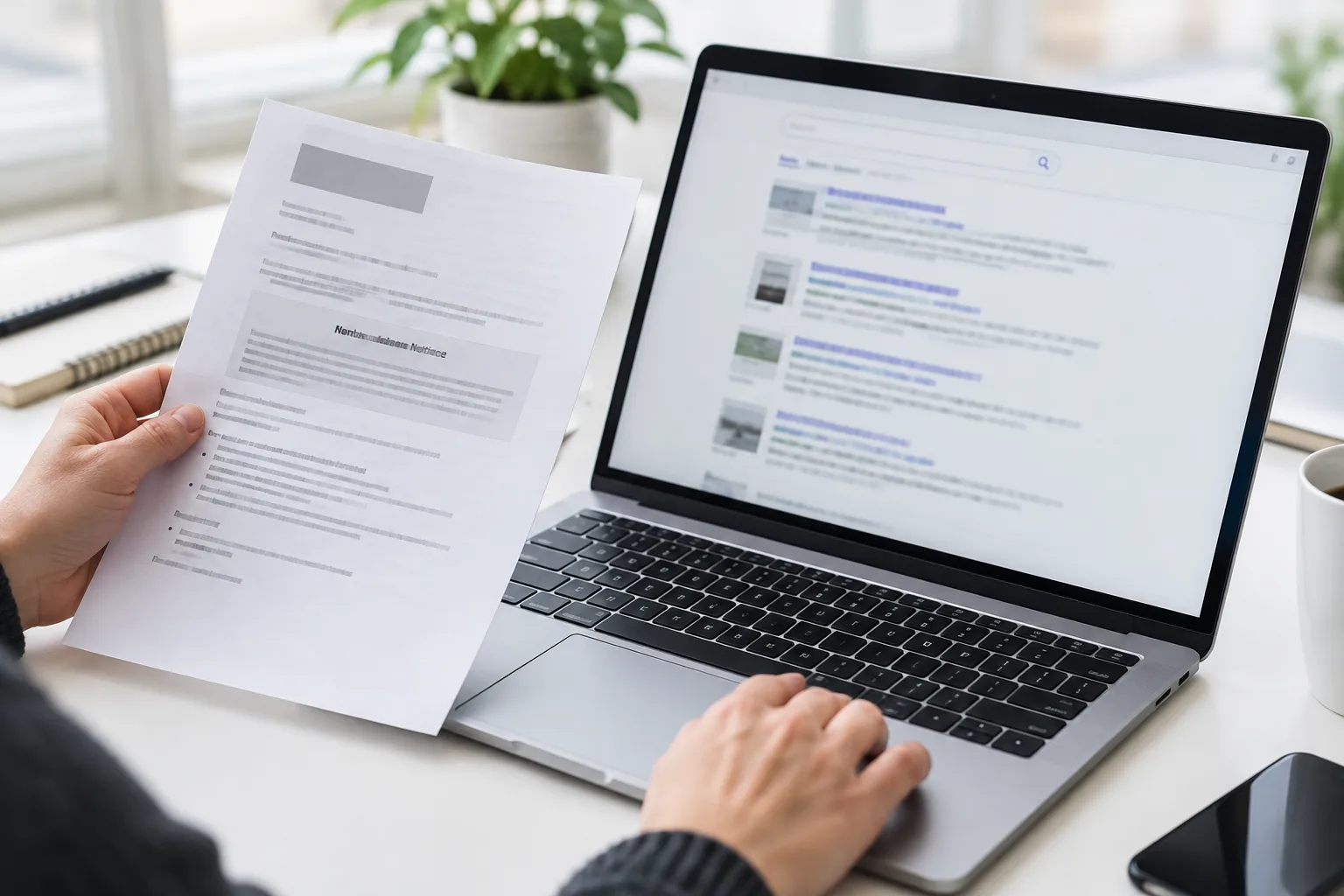 Une personne compare des résultats de recherche sur un ordinateur avec une page imprimée.