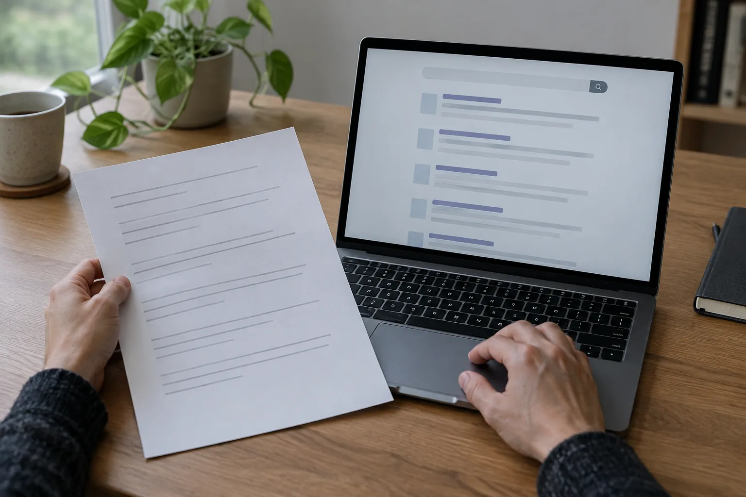 Des mains comparent une page imprimée et des résultats de recherche abstraits après la fermeture d’un compte.