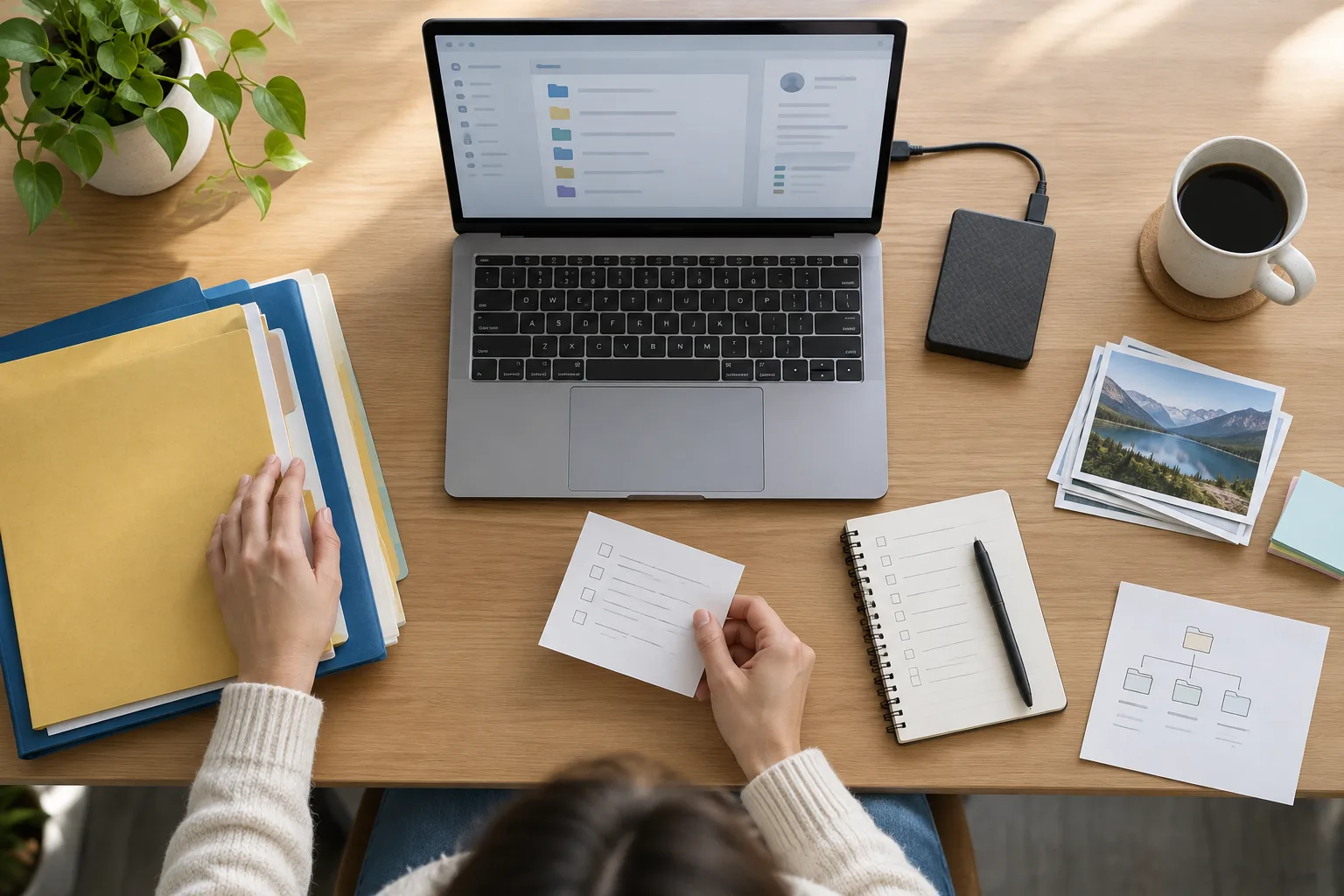Un ordinateur, un support de sauvegarde et des notes sont disposés sur un bureau avant la fermeture d’un compte.