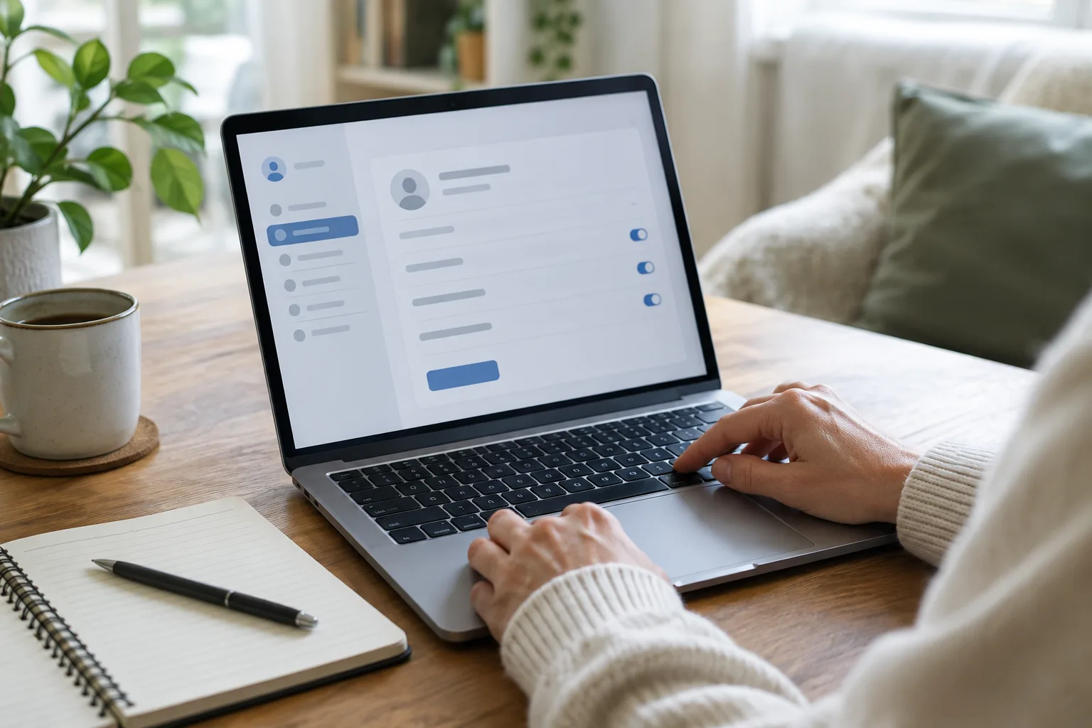 Des mains consultent les paramètres d’un compte en ligne sur un ordinateur, avec un carnet posé à côté.