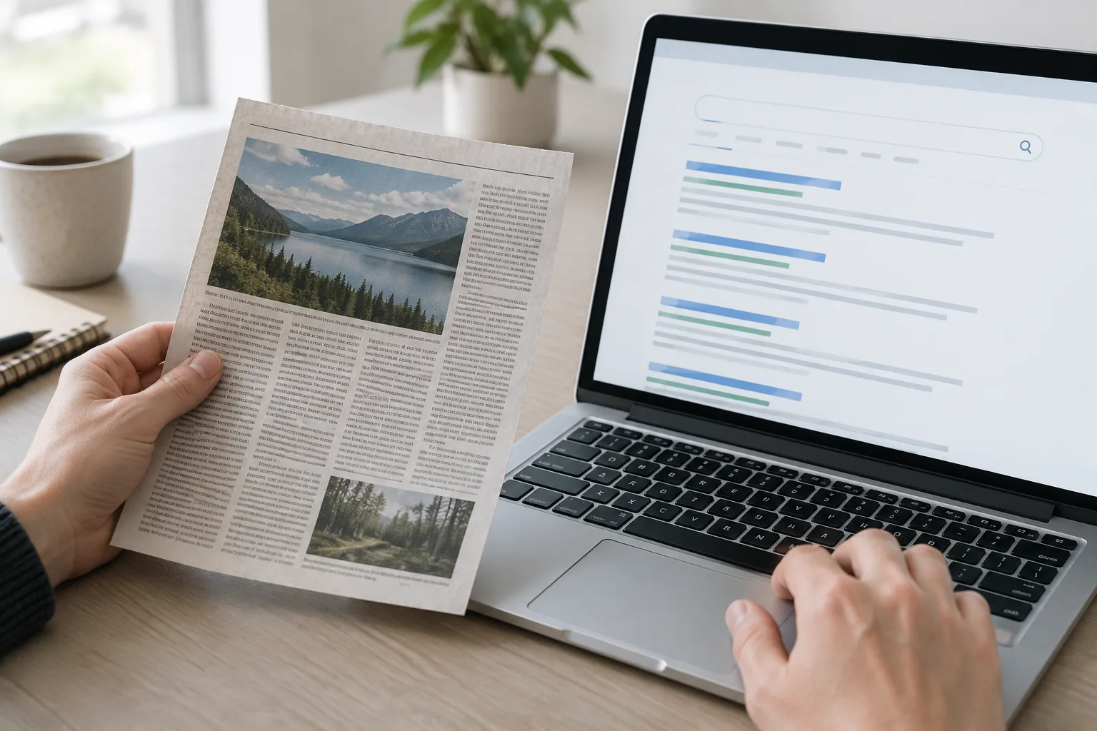 Des mains comparent une coupure de presse à une page de résultats de recherche sur un ordinateur.
