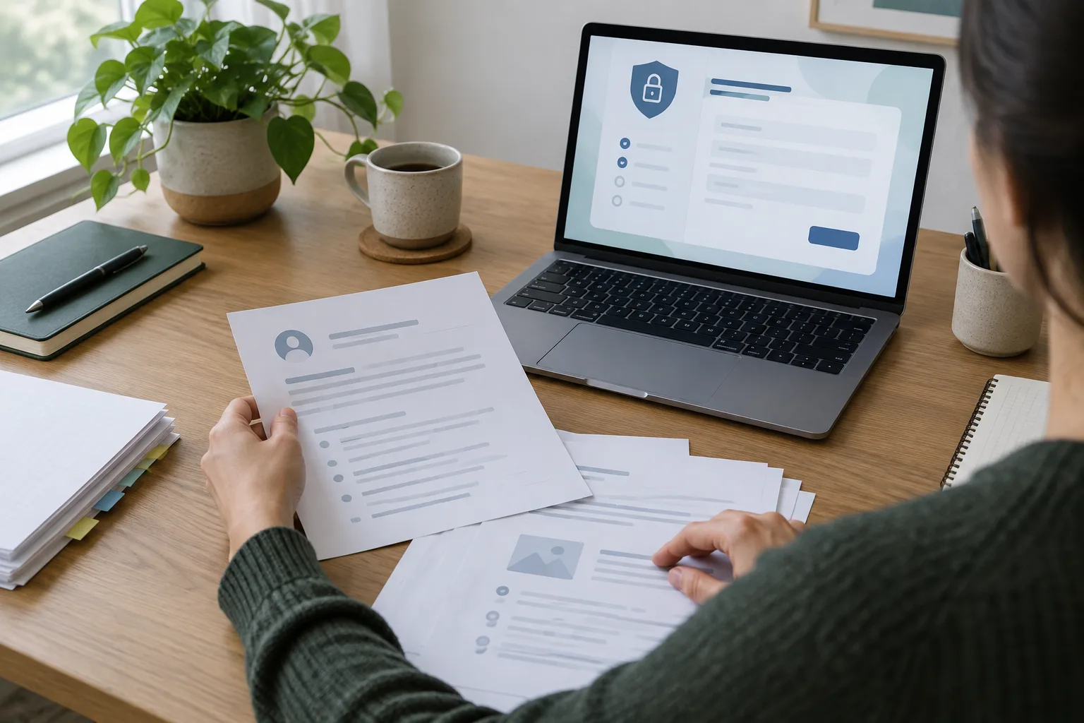 Une personne organise des documents et prépare une demande en ligne depuis son ordinateur.