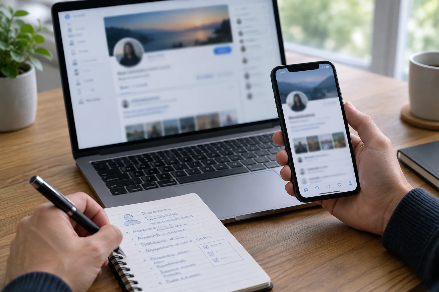 Des mains consultent un profil en ligne sur un ordinateur et un téléphone tout en prenant des notes.