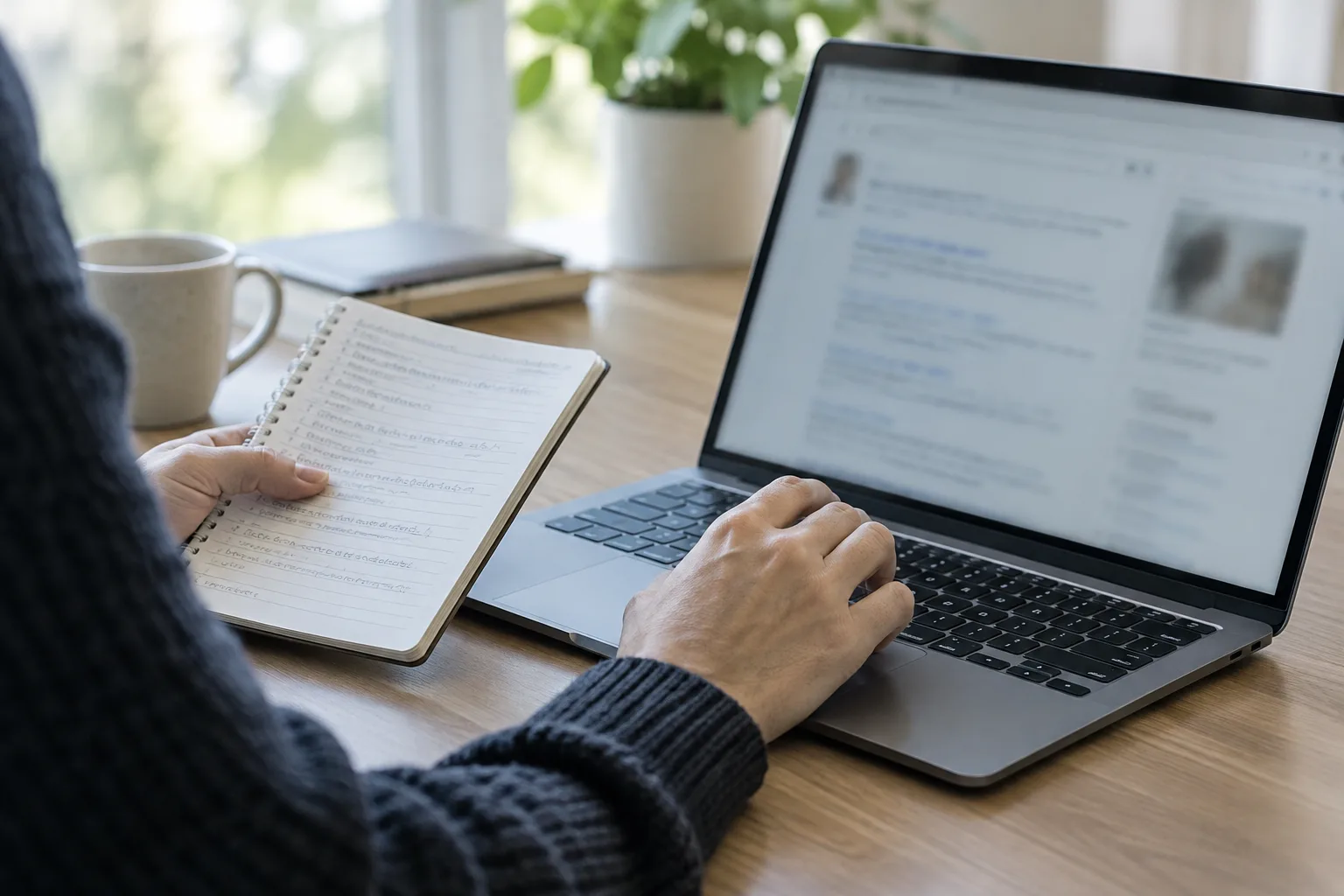 Une personne compare un résultat de recherche flouté à des notes pour vérifier une confusion avec un homonyme.
