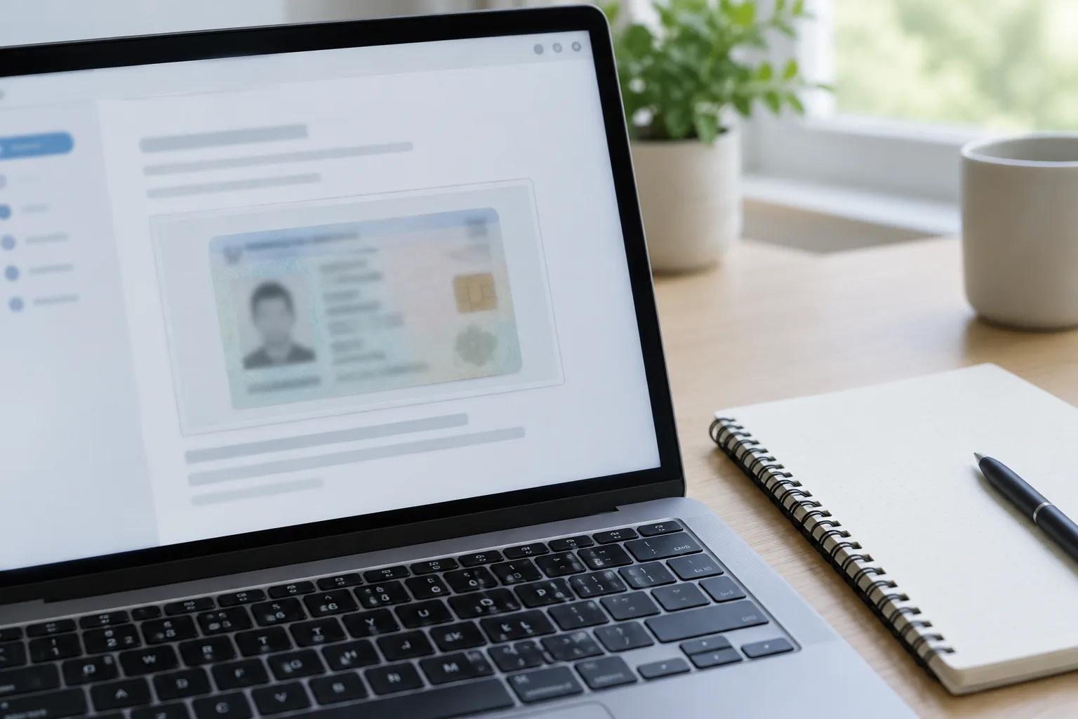 Un écran montre une page web floutée avec un fichier d’identité, à côté d’un carnet vierge.