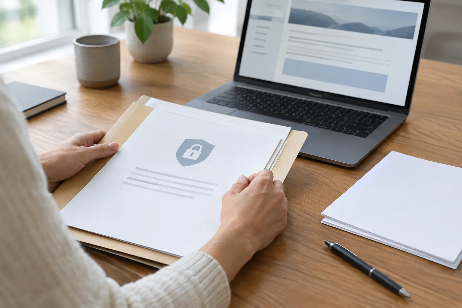 Des mains préparent une demande en repérant une page web et les documents utiles.