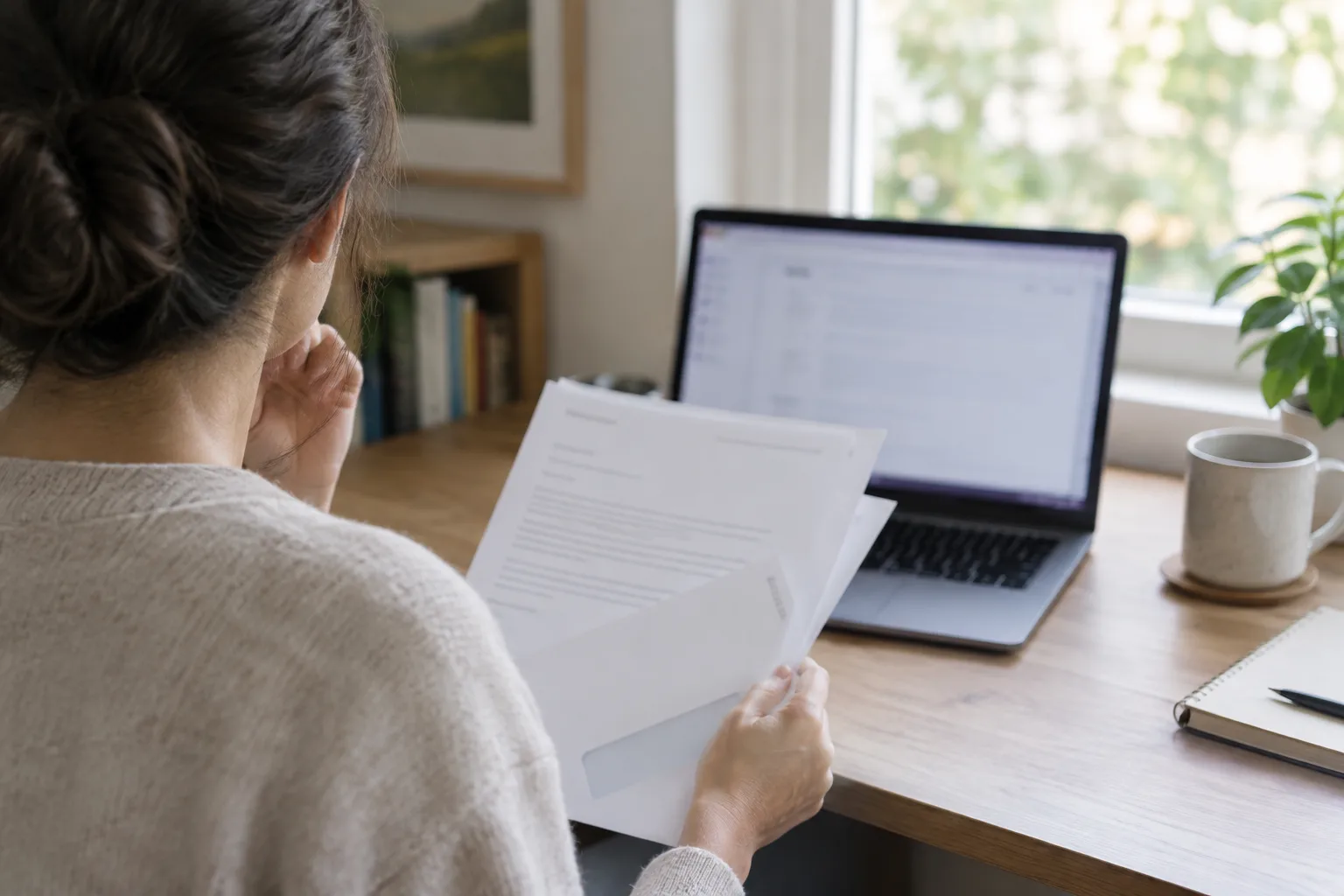 Une personne examine des documents et un ordinateur pour suivre une demande d’effacement de données.