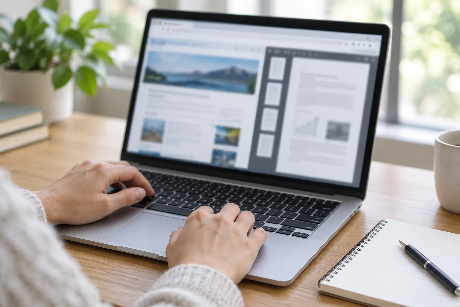 Des mains repèrent une page web et un fichier PDF sur un ordinateur portable.