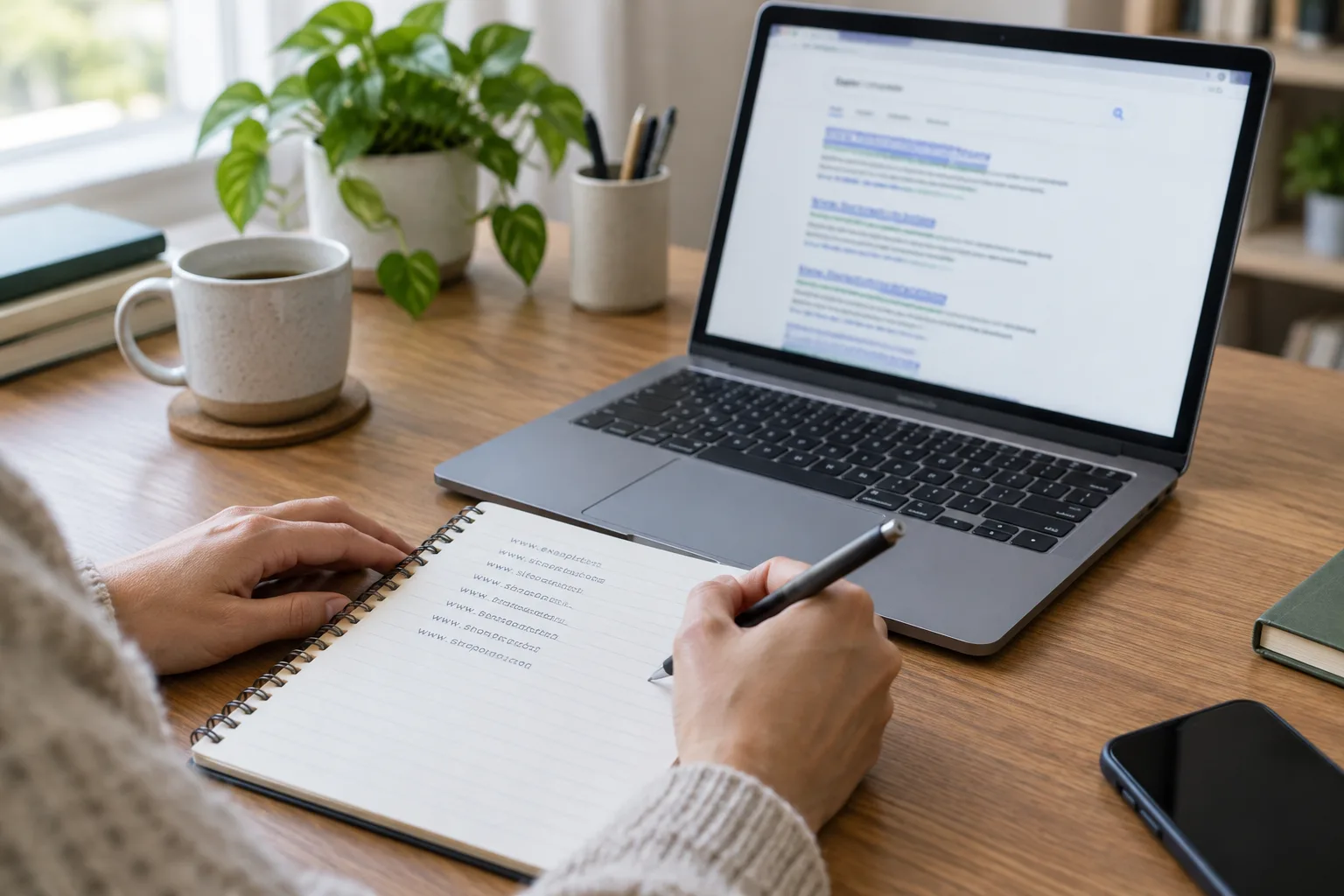 Des mains notent des adresses de pages web à côté d’un ordinateur affichant des résultats floutés.