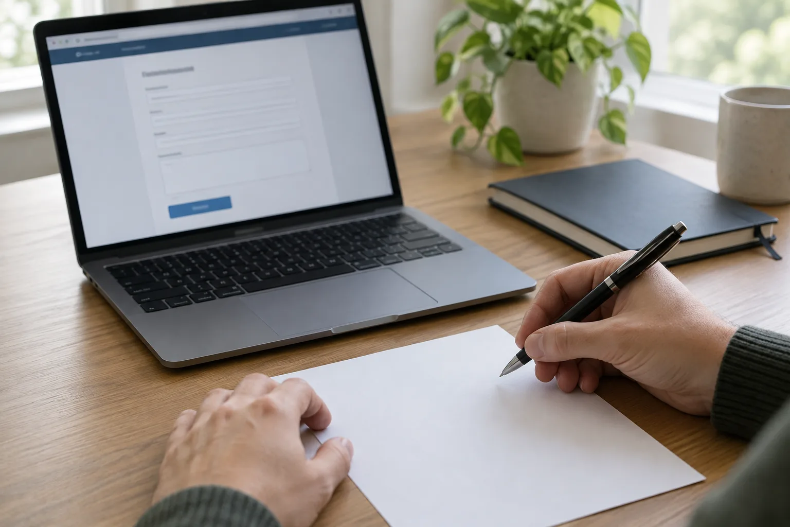 Des mains préparent une demande de confidentialité à côté d’un ordinateur affichant un formulaire de contact.