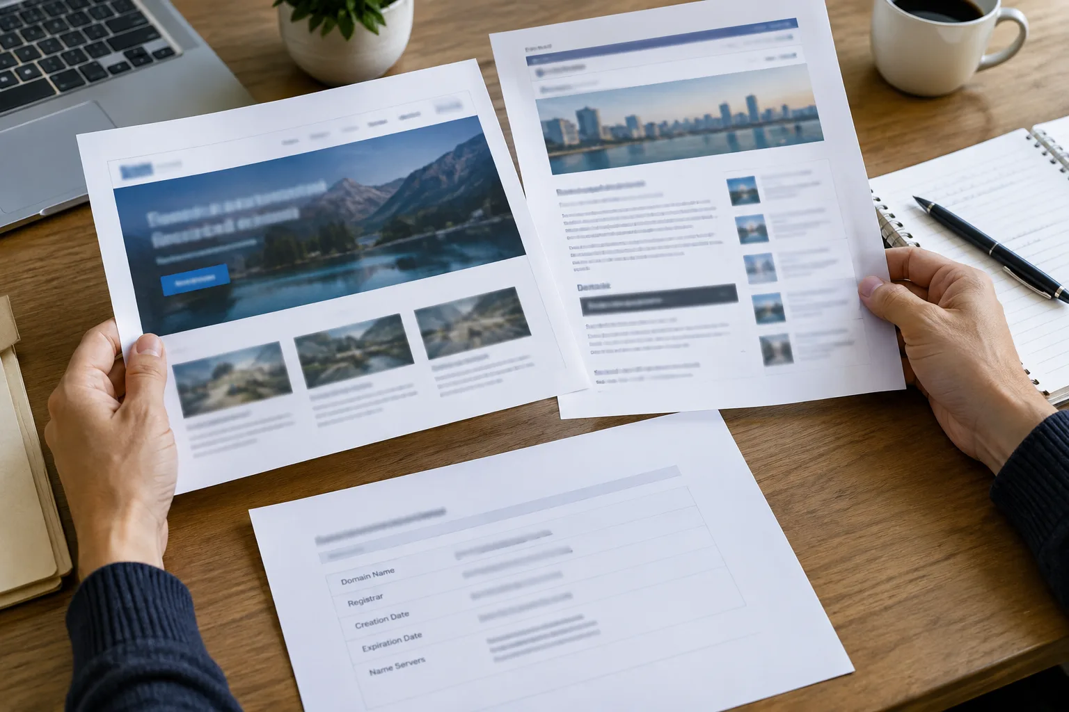 Des captures de pages web et un relevé de domaine sont comparés sur un bureau.
