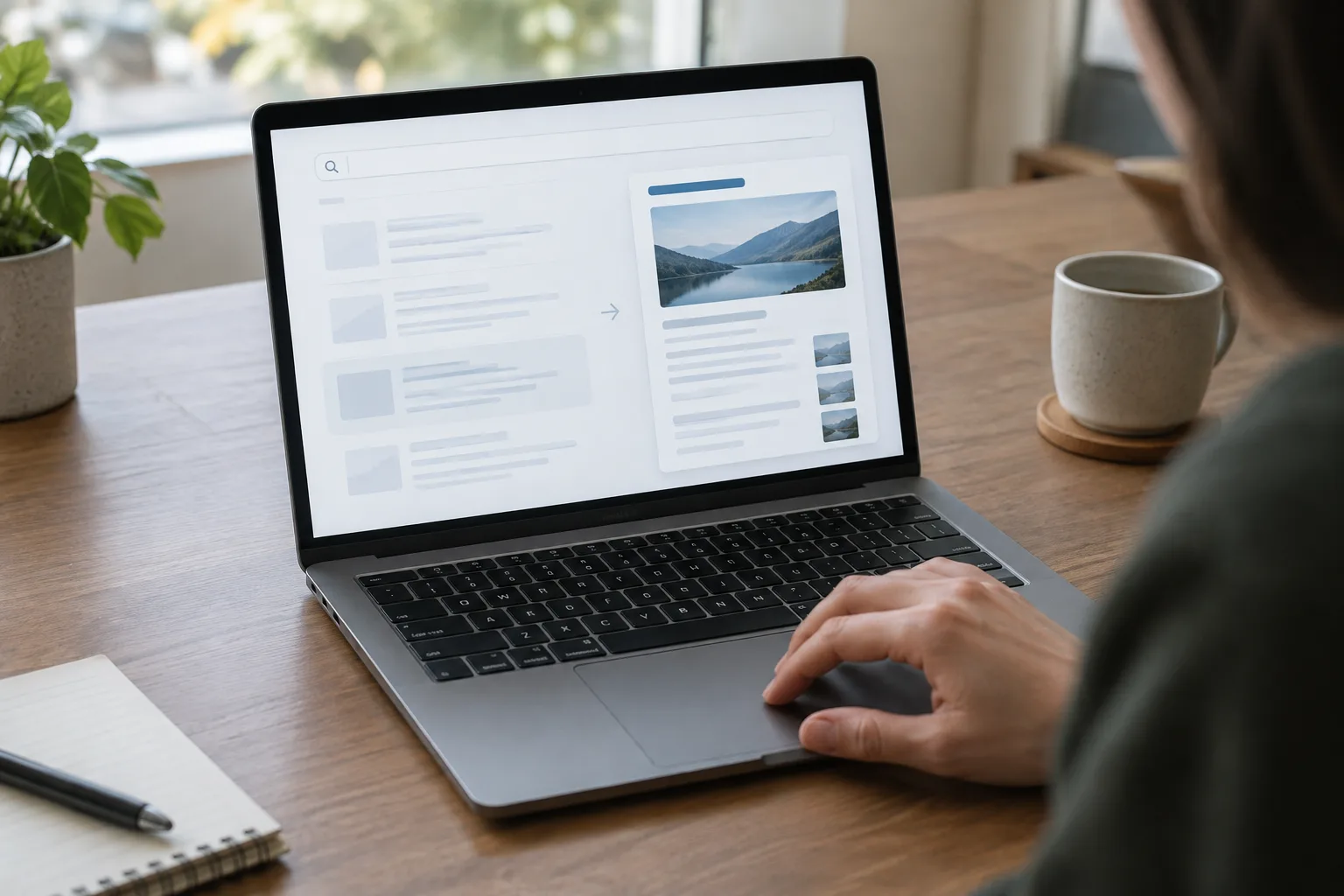 Une personne vérifie sur un ordinateur l’actualisation d’un résultat de recherche après une modification de page.