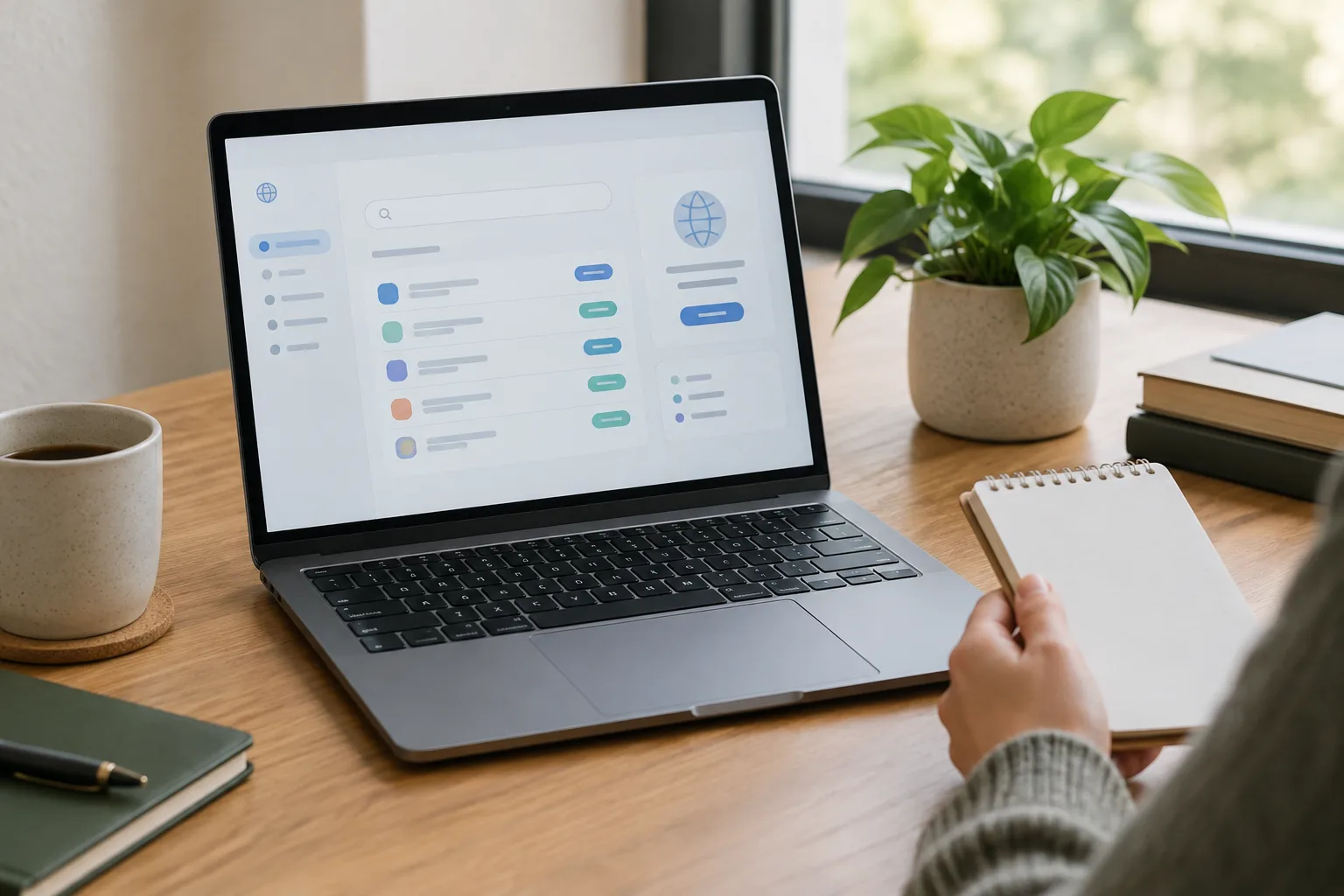 Un ordinateur affiche une interface abstraite de gestion d’un nom de domaine, sans données lisibles.
