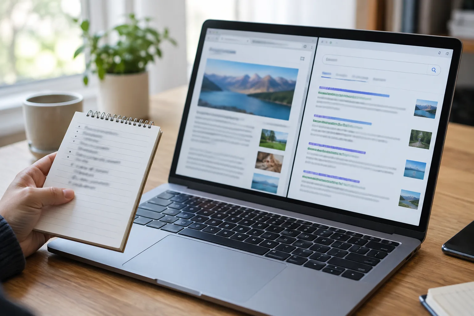 Un ordinateur affiche une page web floutée à côté d’un carnet de notes.