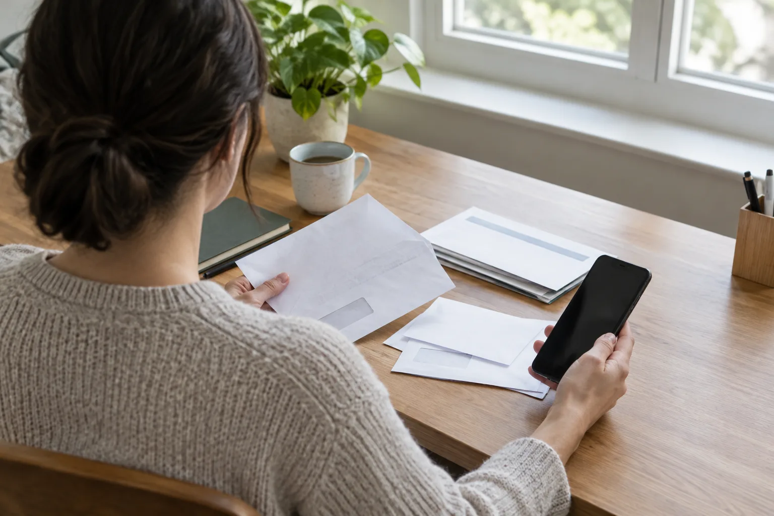 Une personne examine des courriels commerciaux et des documents sur un bureau.