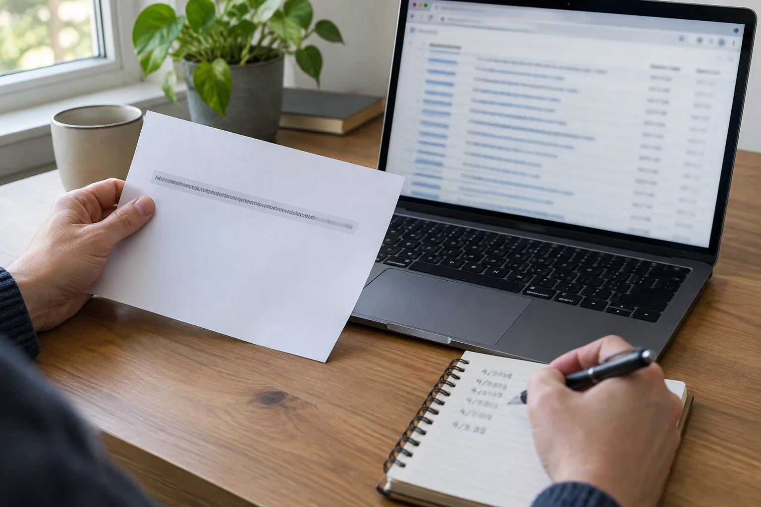 Des mains comparent une page d’archive sur ordinateur avec des notes prises sur papier.