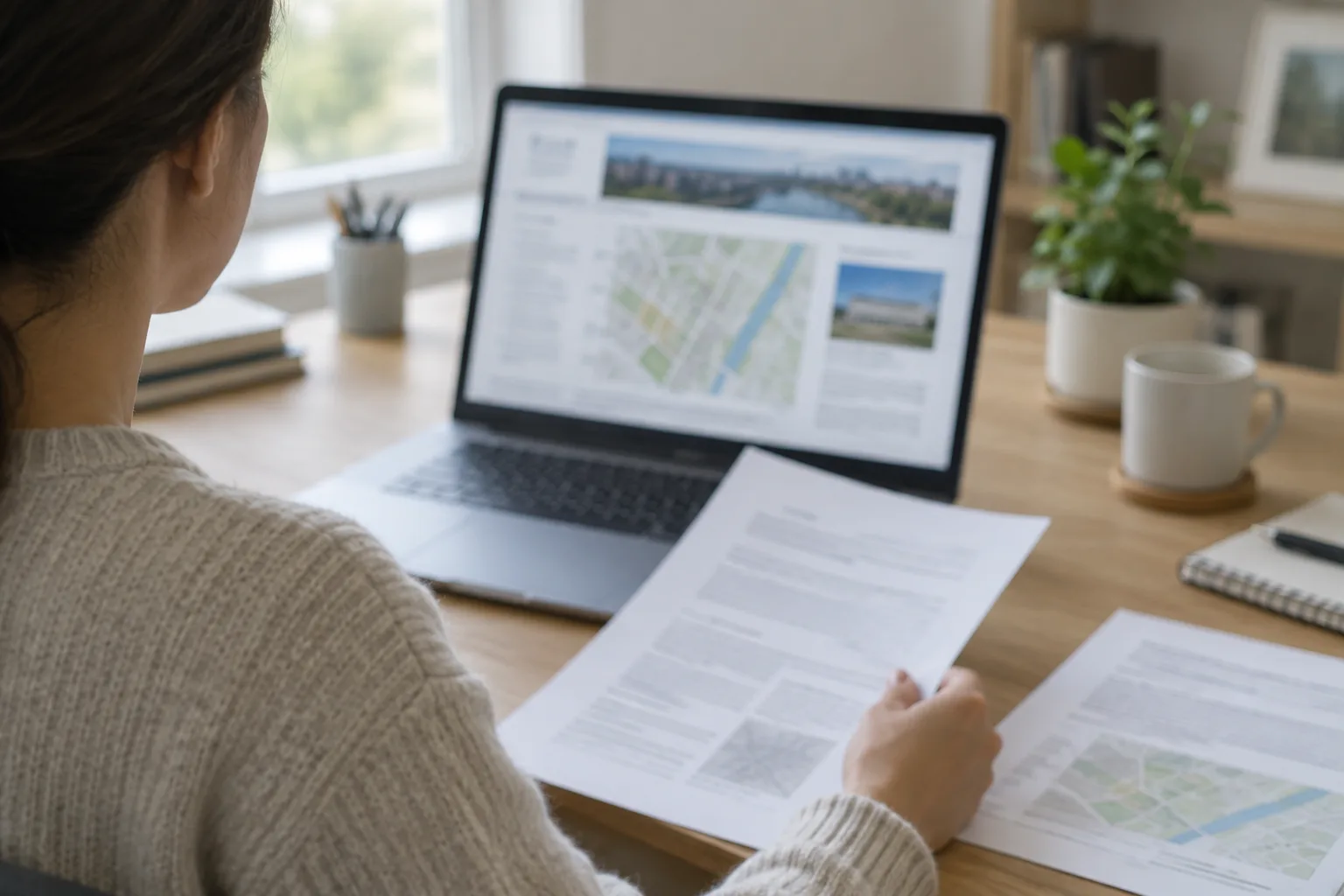 Une personne consulte un document municipal sur un ordinateur portable, avec des notes à portée de main.