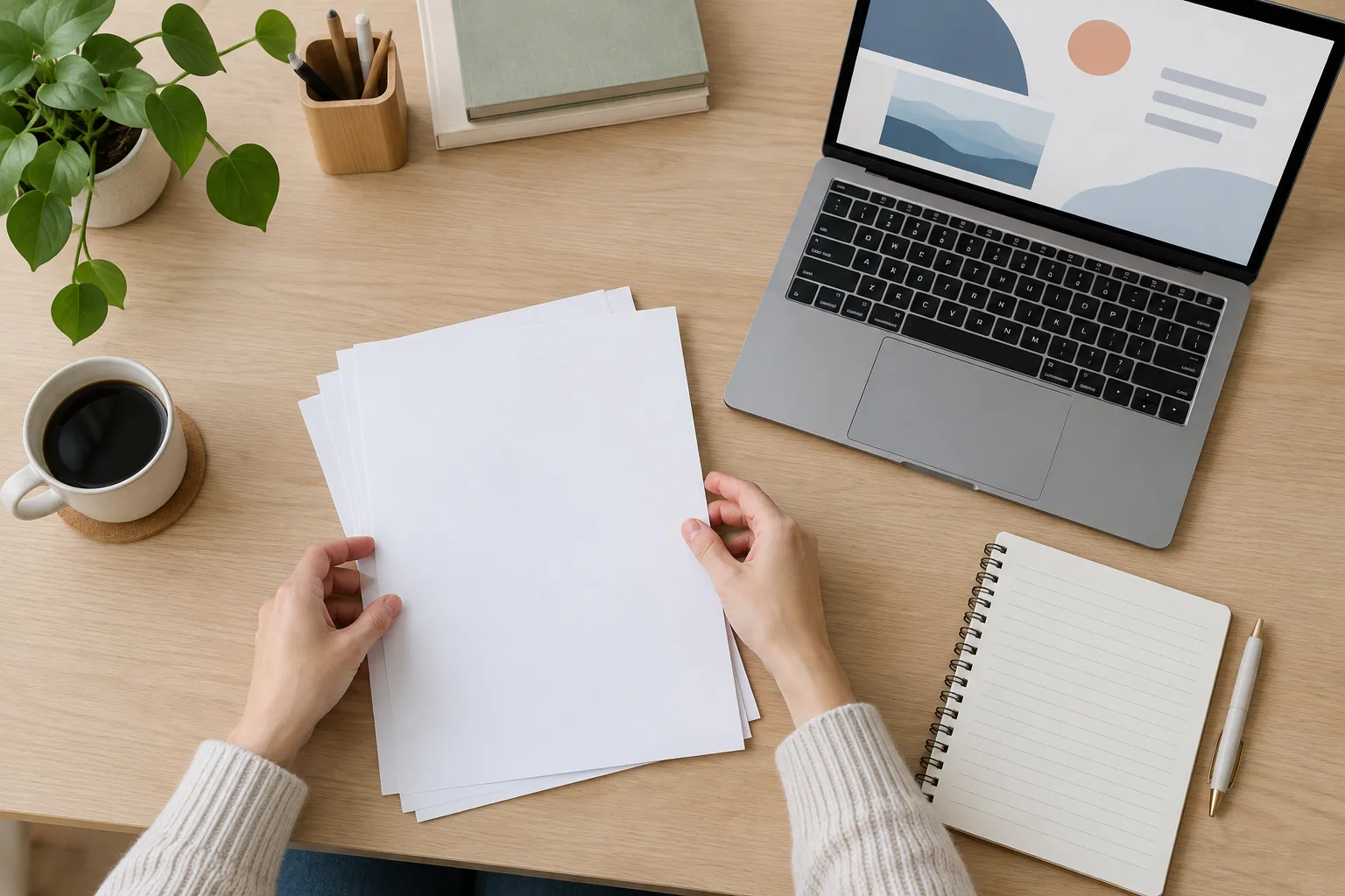 Une personne prépare des documents et consulte une page web avant d’écrire une demande.