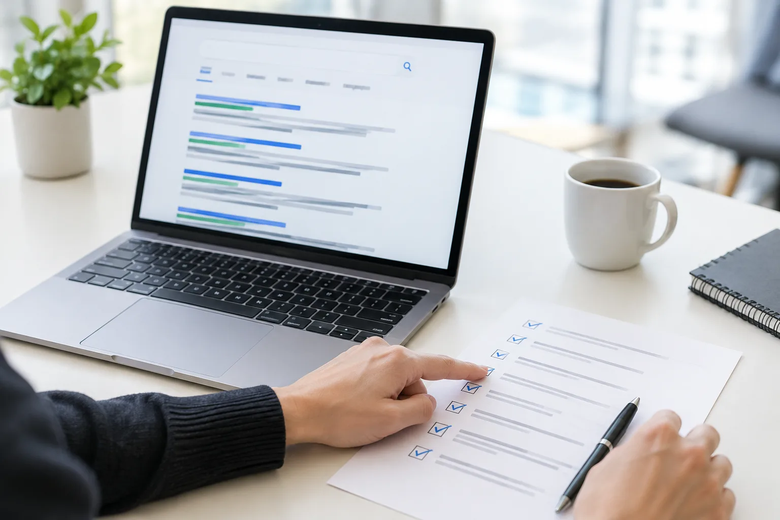 Une personne compare des résultats de recherche à une liste de démarches sur papier.