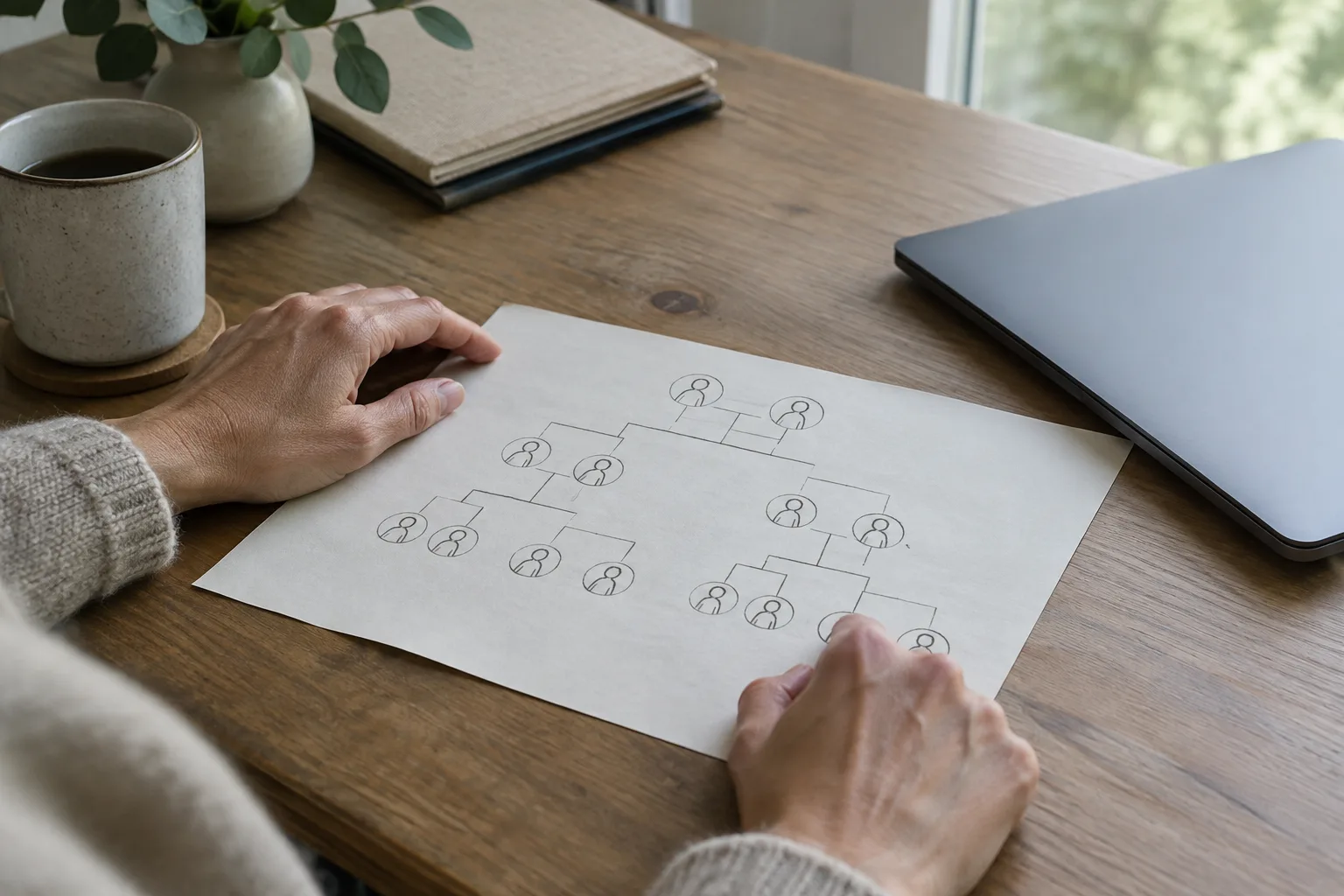 Des mains consultent un arbre généalogique sur papier à côté d’un ordinateur fermé.