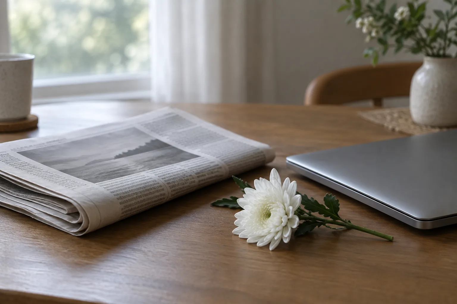 Un journal plié, une fleur blanche et un ordinateur fermé évoquent un avis de décès publié en ligne.