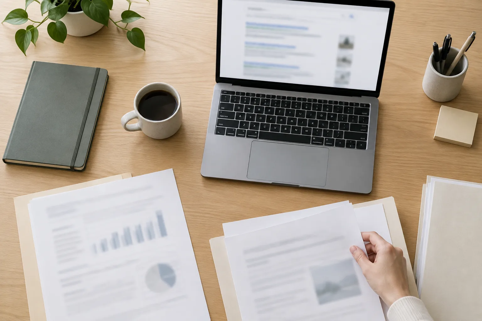 Des documents anonymisés et un ordinateur sont disposés sur un bureau pour préparer une demande.