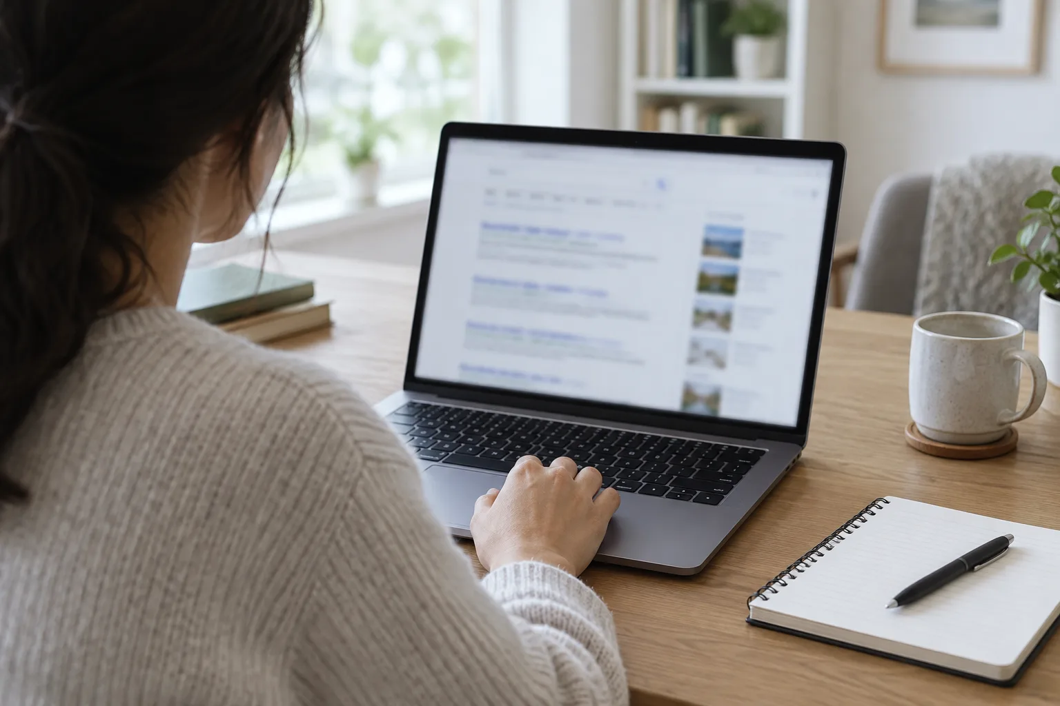 Une personne examine des résultats de recherche sur un ordinateur portable et prend des notes.
