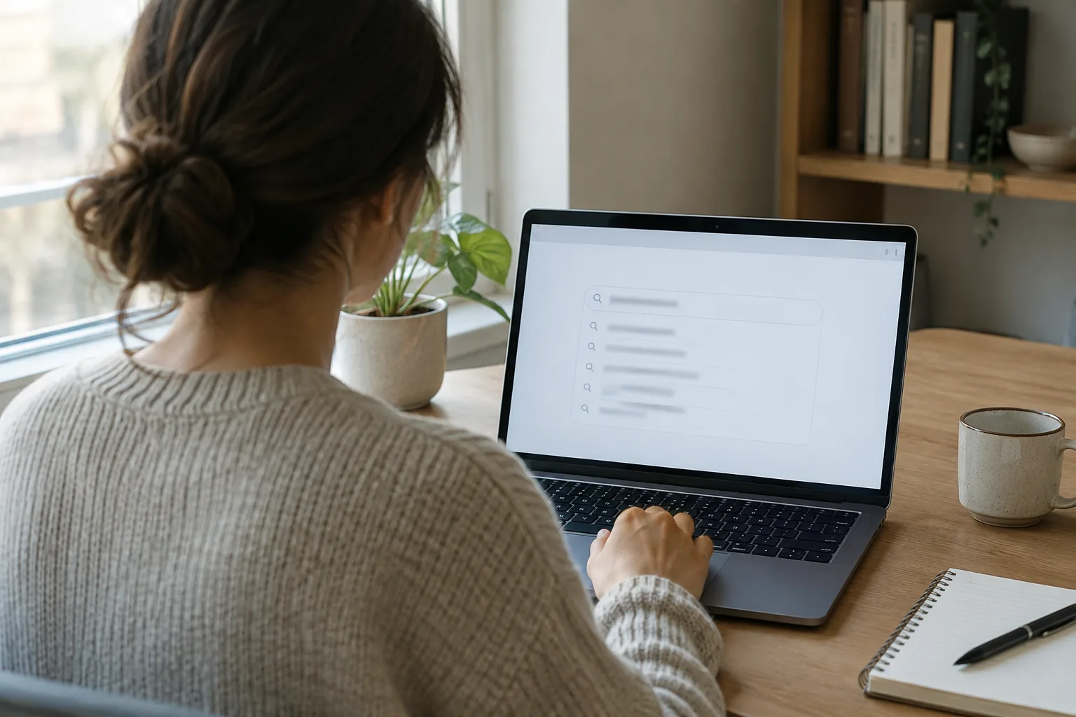Une personne consulte des suggestions de recherche floutées sur un ordinateur portable.