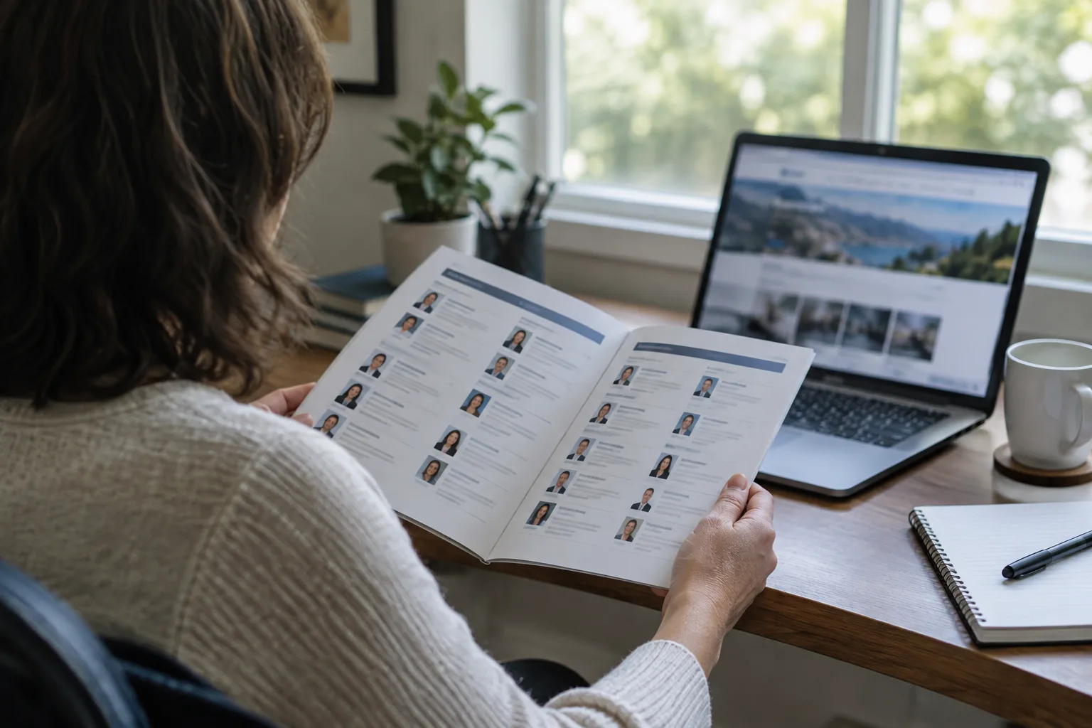 Une personne compare une liste imprimée avec une page web affichée sur un ordinateur.
