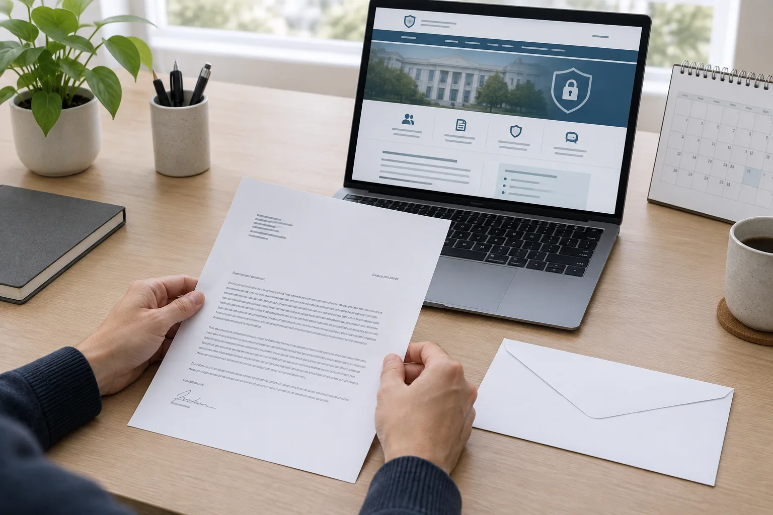 Des mains examinent un courrier et des documents devant un ordinateur ouvert sur une page institutionnelle générique.
