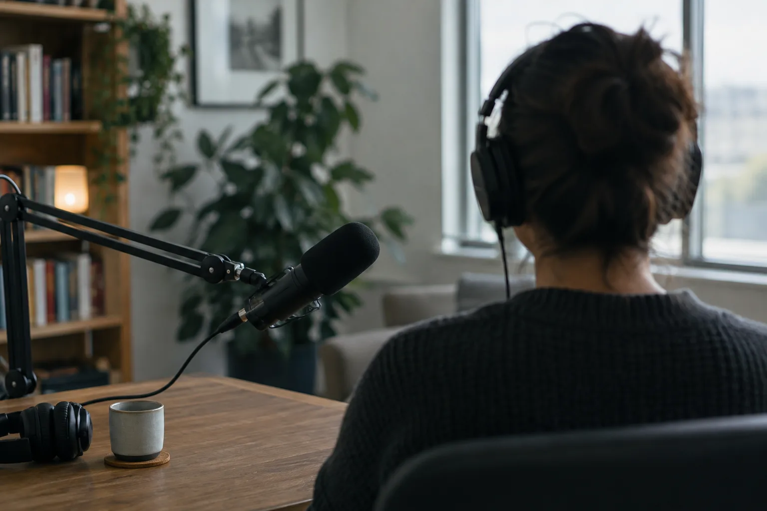 Une personne de dos dans un studio de podcast, face à un microphone et à un casque.